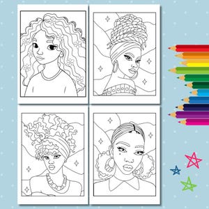 Pu&ograve; includere: Una pagina da colorare con quattro illustrazioni in bianco e nero di donne con diversi stili di capelli. Ogni illustrazione &egrave; circondata da un bordo bianco e uno sfondo blu chiaro con stelle bianche.