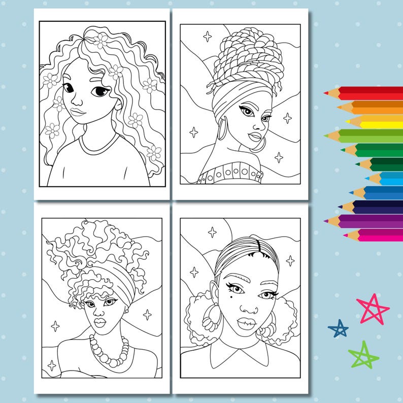 Pu&ograve; includere: Una pagina da colorare con quattro illustrazioni in bianco e nero di donne con diversi stili di capelli. Ogni illustrazione &egrave; circondata da un bordo bianco e uno sfondo blu chiaro con stelle bianche.