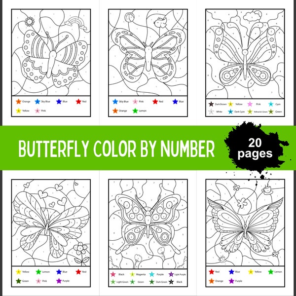 Butterfly Color By Number For Kids, Butterfly Coloring Pages, Color By Number Book, Printable Color By Number, Color By Number Pages