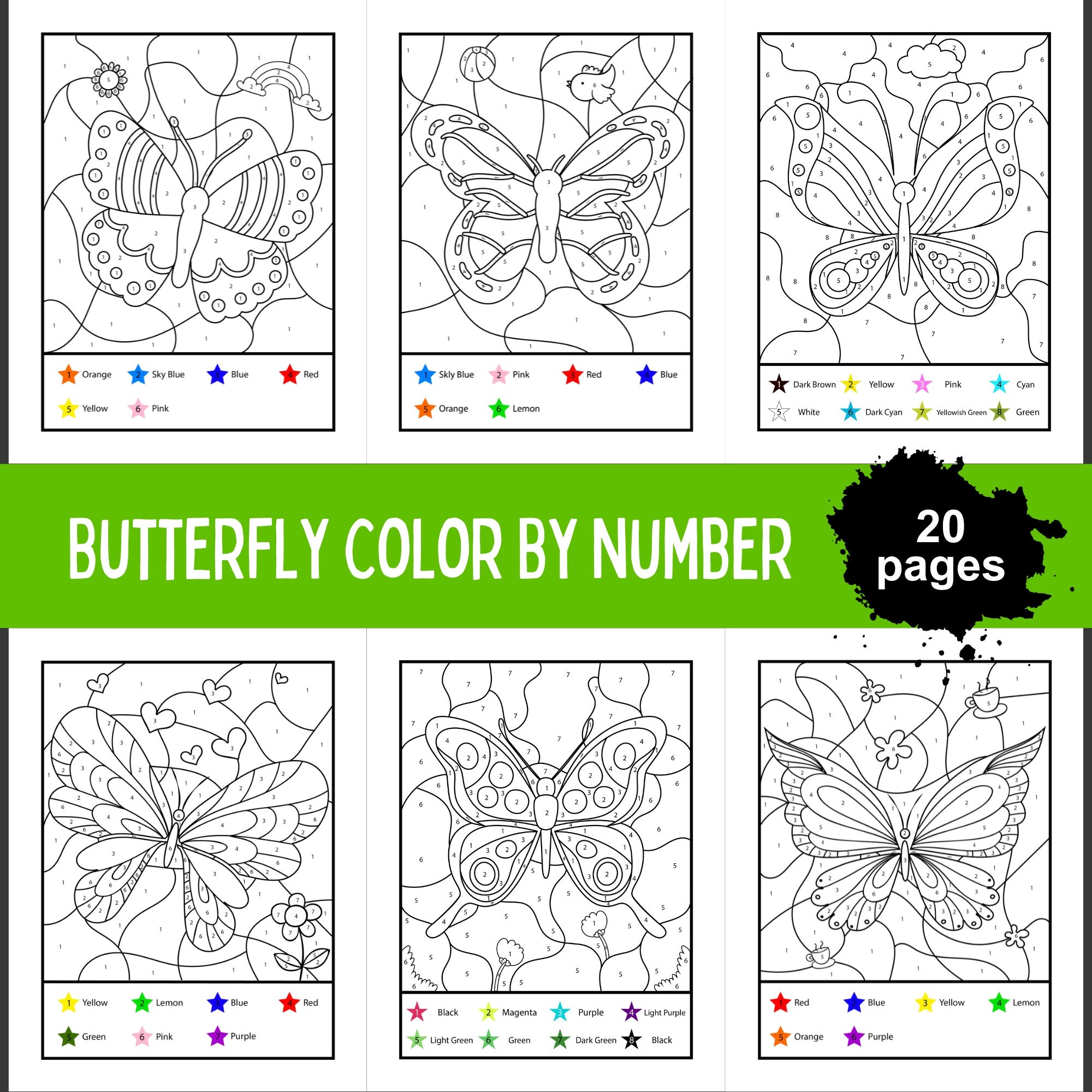 Butterfly Color by Number for Kids, Butterfly Coloring Pages, Color by ...