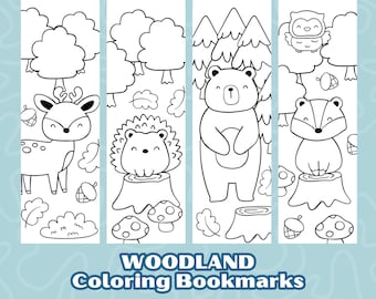 森のブックマーク、子供向けの森の塗り絵のブックマーク、かわいい動物の塗り絵のブックマーク、印刷して色を塗るブックマーク、自分で色を塗るブックマーク