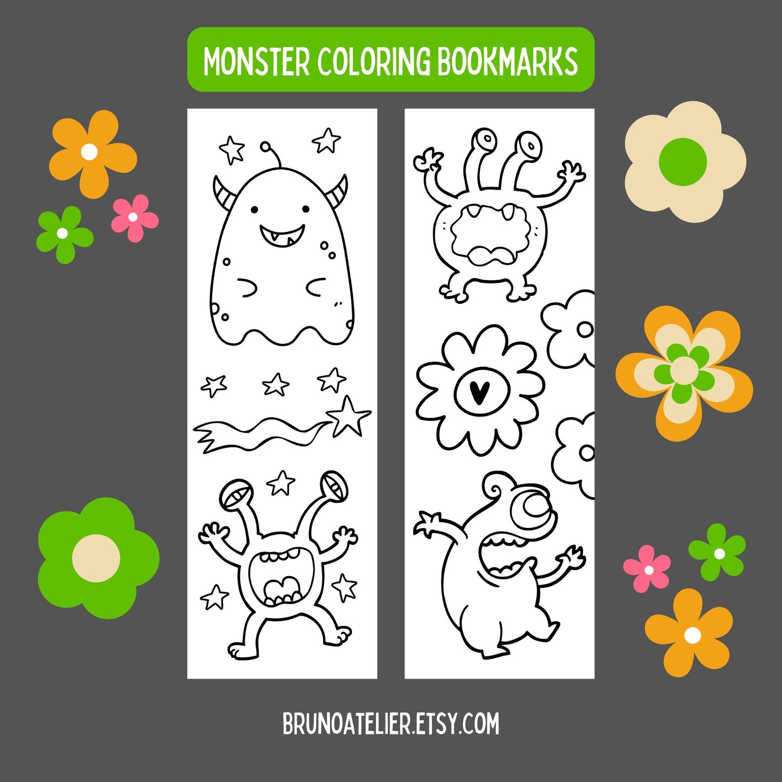 Monster Coloring Bookmarks for Kids, Animal Coloring Bookmarks, Monster ...