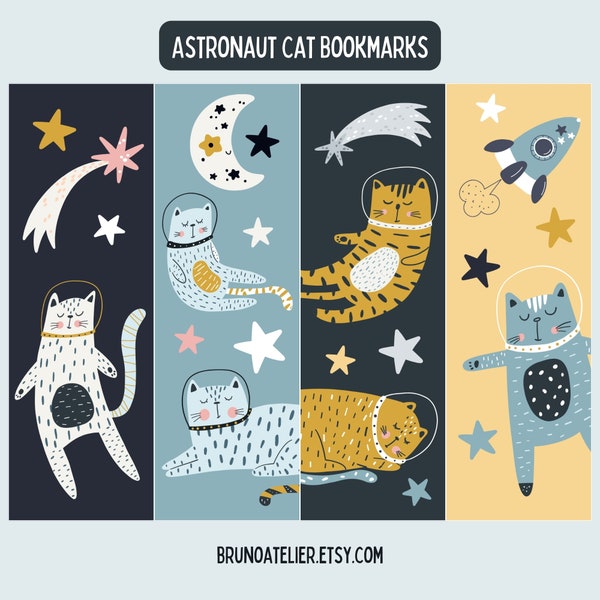 Printable Cat Bookmarks For Kids, Space Bookmarks, Galaxy Bookmarks, Cute Animal Bookmarks, Book Lover Gift, Cat In Spaceship, Bookmark Set