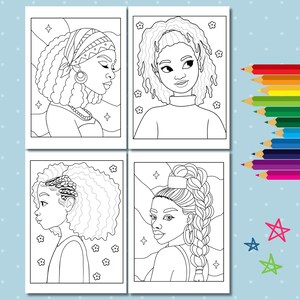 Pu&ograve; includere: Quattro disegni in bianco e nero di donne con diversi stili di capelli. Ogni disegno &egrave; su una pagina separata con uno sfondo bianco e alcune piccole stelle.