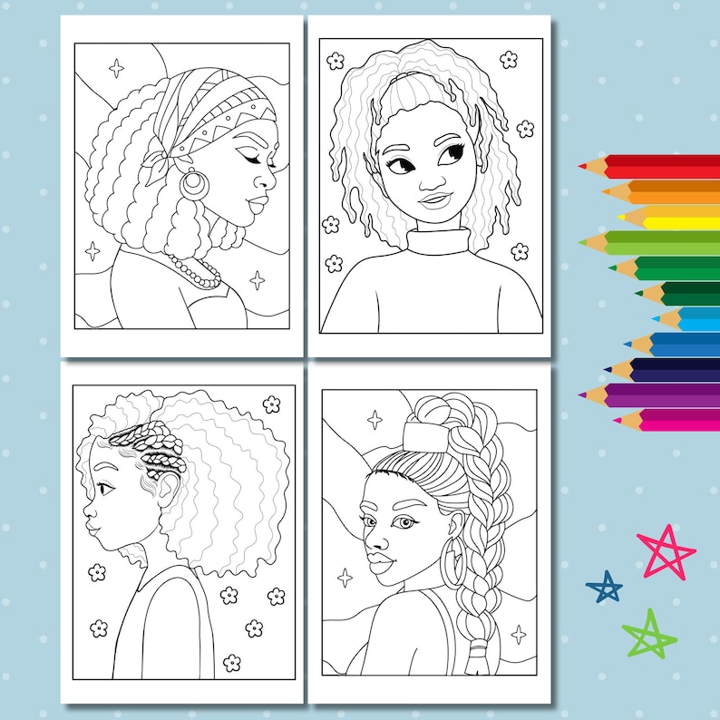 Pu&ograve; includere: Quattro disegni in bianco e nero di donne con diversi stili di capelli. Ogni disegno &egrave; su una pagina separata con uno sfondo bianco e alcune piccole stelle.