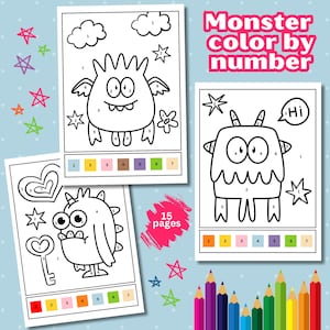 Cute Monster Coloring Pages For Kids, Monster Color By Number Coloring Pages, Color By Number Worksheet, Color By Number Printable