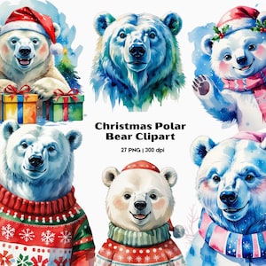 Christmas Polar Bear Clipart Bundle, Winter Wonderland Clipart, Arctic Animal Clipart, Winter Polar Bear Clipart, Polar Bear Head PNG