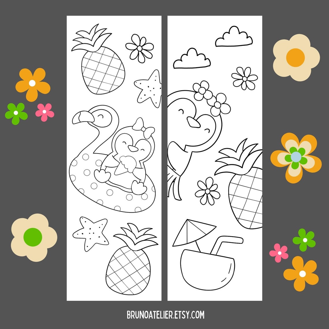 Summer Coloring Bookmarks for Kids, Animal Coloring Bookmarks, Penguin