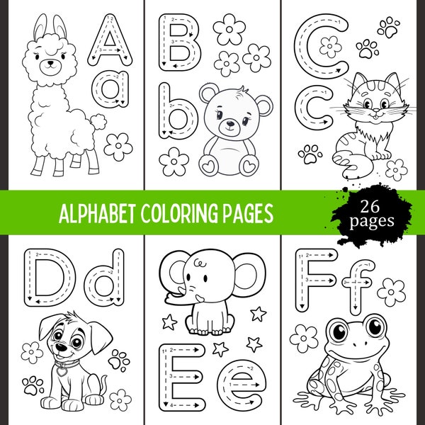 Animal Alphabet Coloring Pages For Toddlers, ABC Coloring Book For Kids, Learn Alphabet, Toddler Activity Book, Learn Letters