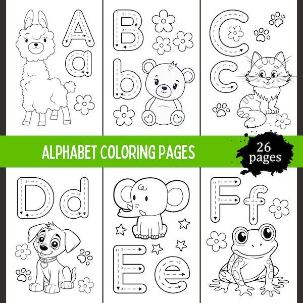 Animal Alphabet Coloring Pages For Toddlers, ABC Coloring Book For Kids, Learn Alphabet, Toddler Activity Book, Learn Letters