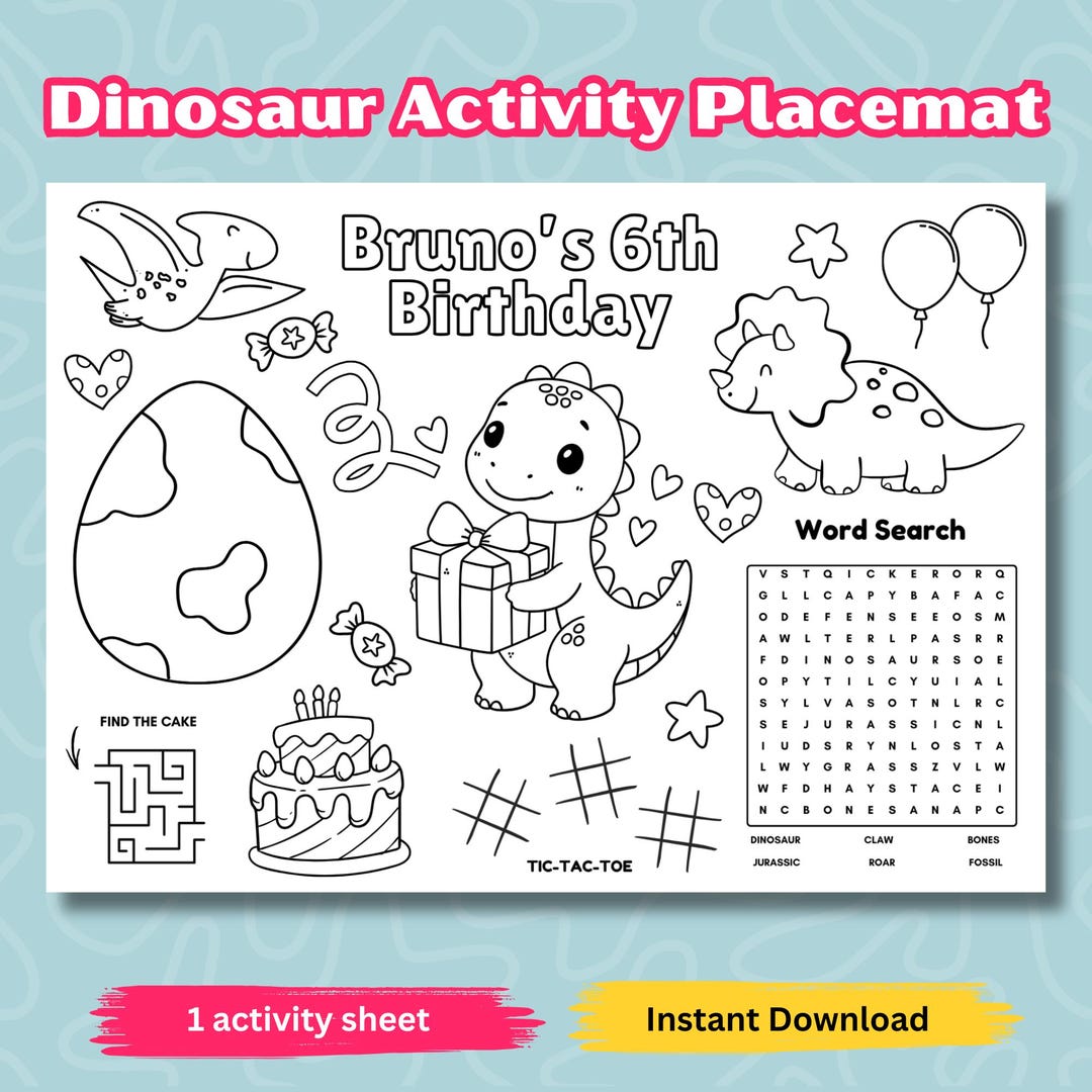 Dinosaur Birthday Party Activity Sheet, Cute Dinosaur Coloring Birthday ...