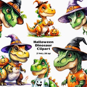 Watercolor Halloween Dinosaur Clipart Bundle, Cute Halloween Dino PNG, Cute Dinosaur Clipart, Cartoon Dinosaur Clipart, Commercial Use