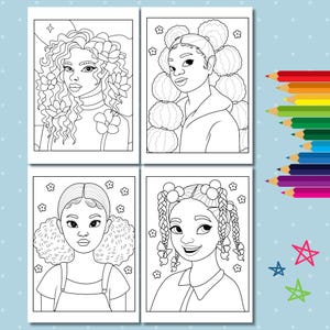 Pu&ograve; includere: Quattro disegni in bianco e nero di ragazze con acconciature diverse. Ogni ragazza indossa un abbigliamento semplice e ha un'espressione dolce sul viso. I disegni sono perfetti per colorare.