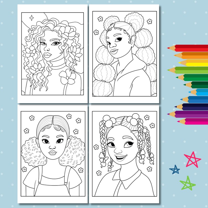 Pu&ograve; includere: Quattro disegni in bianco e nero di ragazze con acconciature diverse. Ogni ragazza indossa un abbigliamento semplice e ha un'espressione dolce sul viso. I disegni sono perfetti per colorare.