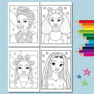 Pu&ograve; includere: Una pagina da colorare con quattro illustrazioni in bianco e nero di ragazze con diversi stili di capelli. Ogni ragazza indossa un abbigliamento semplice e ha un'espressione neutra. Lo sfondo di ogni illustrazione &egrave; pieno di piccoli fiori e stelle.