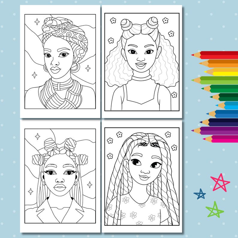 Pu&ograve; includere: Una pagina da colorare con quattro illustrazioni in bianco e nero di ragazze con diversi stili di capelli. Ogni ragazza indossa un abbigliamento semplice e ha un'espressione neutra. Lo sfondo di ogni illustrazione &egrave; pieno di piccoli fiori e stelle.