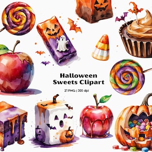 Watercolor Halloween Sweets Clipart Bundle, Halloween Candy PNG, Halloween Sweets PNG, Commercial Use, Cute Halloween Treats Clipart