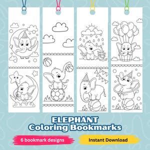Elefant Lesezeichen für Kinder, Tier Lesezeichen, Elefant Lesezeichen, bedruckbare Lesezeichen zum Ausmalen, Färben Sie Ihr eigenes Lesezeichen