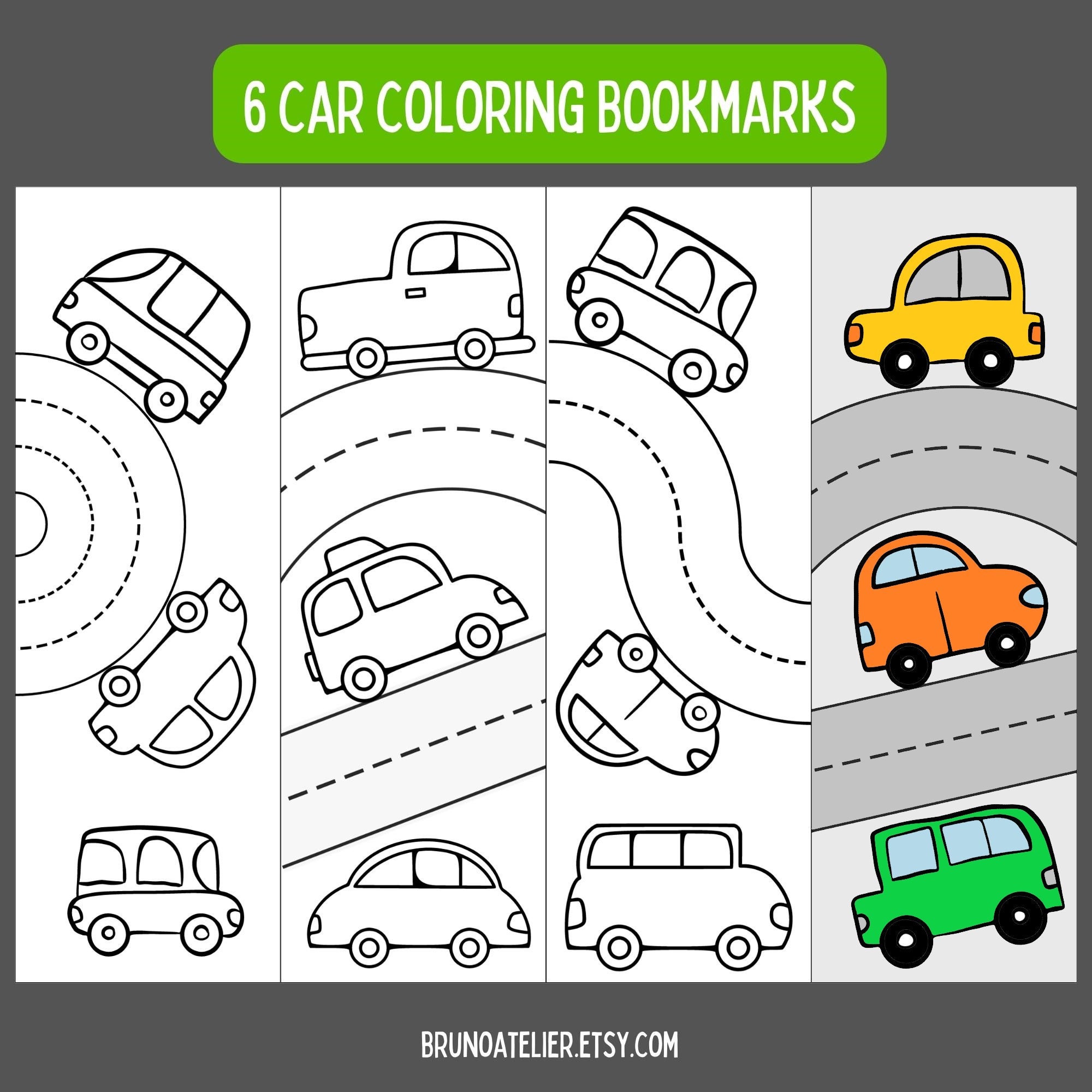 Cute Car Coloring Bookmarks for Kids, Vehicle Bookmarks, Printable ...