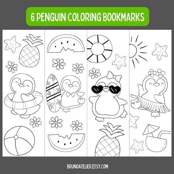 Summer Coloring Bookmarks For Kids, Animal Coloring Bookmarks, Penguin Bookmarks, Printable Bookmarks To Color, Color Your Own Bookmark