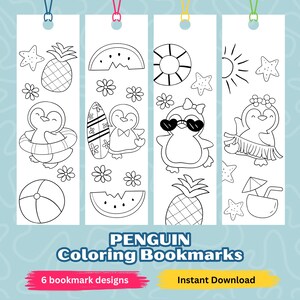 Summer Coloring Bookmarks For Kids, Animal Coloring Bookmarks, Penguin Bookmarks, Printable Bookmarks To Color, Color Your Own Bookmark