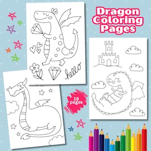 Cute Dragon Coloring Pages For Kids, Castle Coloring Pages, Dragon Birthday Party, Printable Coloring Pages, Baby Dragon Coloring Sheets
