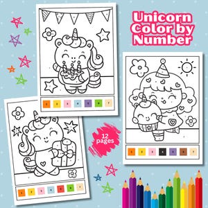 Unicorn Color By Number Pages For Kids, Color By Number Book, Printable Color By Number, Coloring By Numbers Set, Unicorn Activity Pages