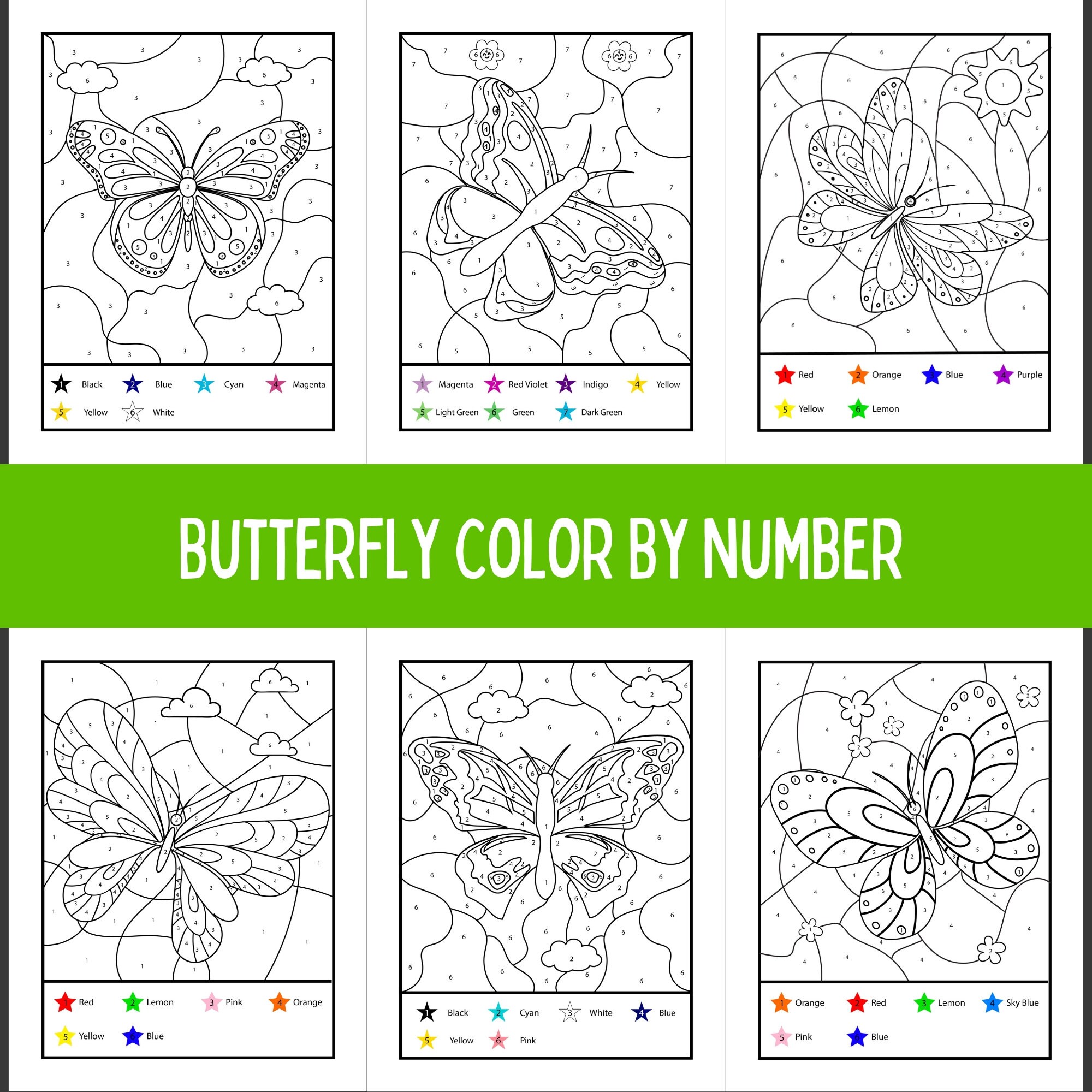 Butterfly Color by Number for Kids, Butterfly Coloring Pages, Color by ...