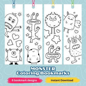 May include: Six black and white printable bookmark designs featuring cute monster illustrations. Each bookmark has a different monster with hearts, stars, and other fun details.  The text "MONSTER Coloring Bookmarks" and "6 bookmark designs" are at the bottom of the image.