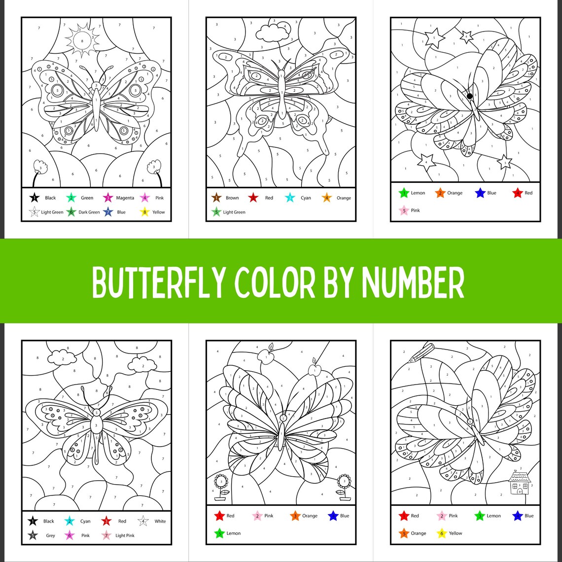 Butterfly Color by Number for Kids, Butterfly Coloring Pages, Color by Number Book, Printable ...