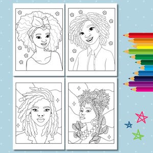 Pu&ograve; includere: Quattro disegni in bianco e nero di donne con diversi stili di capelli. Ogni disegno &egrave; su una carta bianca separata con un bordo bianco. Le carte sono disposte in una griglia 2x2.