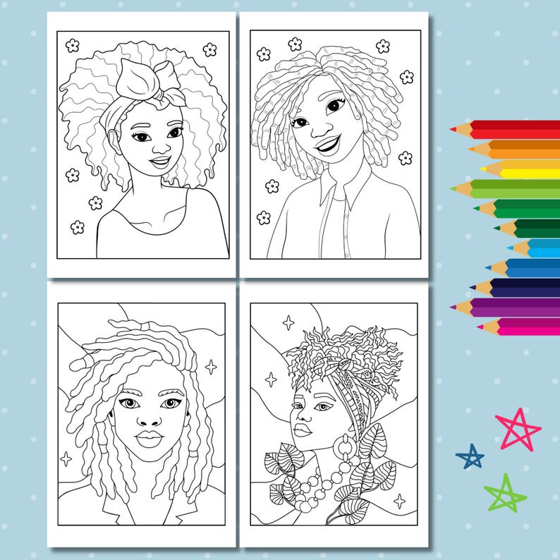 Pu&ograve; includere: Quattro disegni in bianco e nero di donne con diversi stili di capelli. Ogni disegno &egrave; su una carta bianca separata con un bordo bianco. Le carte sono disposte in una griglia 2x2.