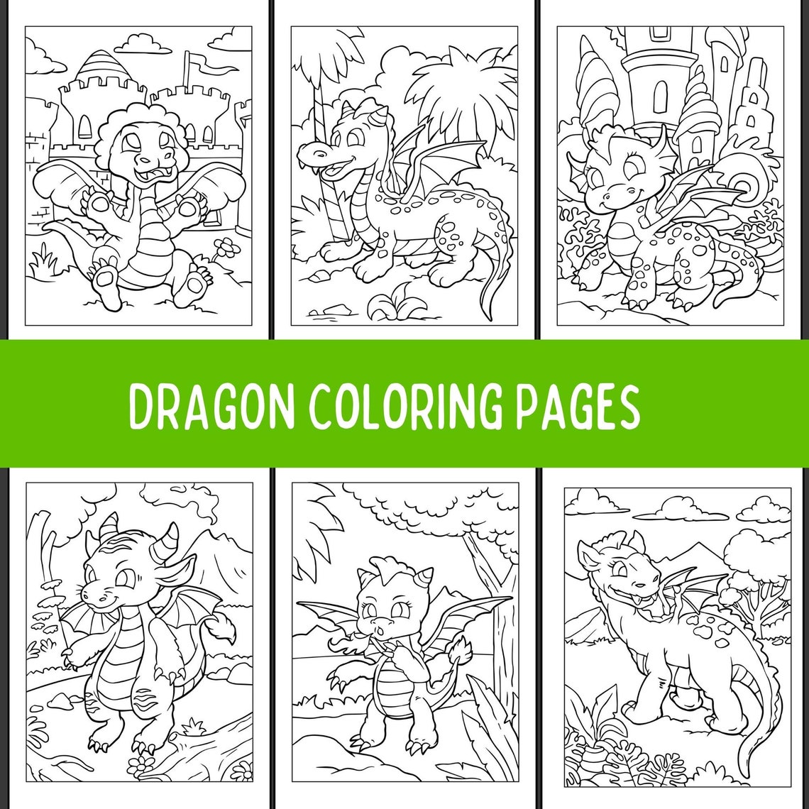 Cute Baby Dragon Coloring Pages for Kids, Fantasy Coloring Book, Dragon