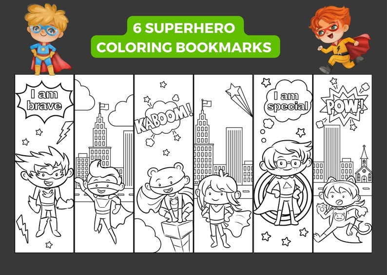 Superhero Coloring Bookmarks Superhero Bookmarks to Colour - Etsy