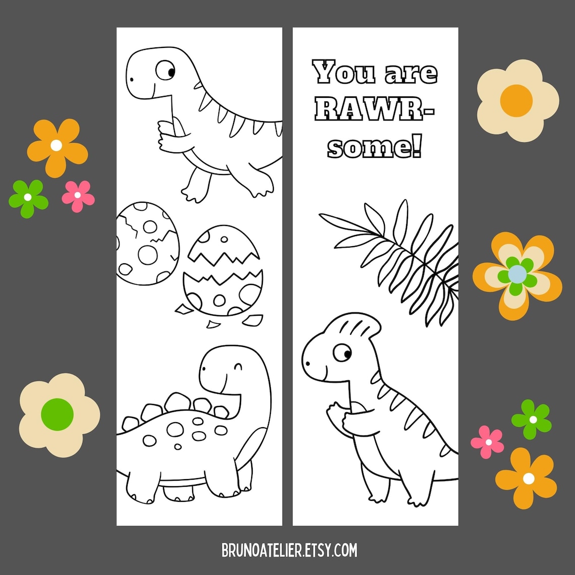 Dinosaur Coloring Bookmarks for Kids, Printable Bookmarks to Color