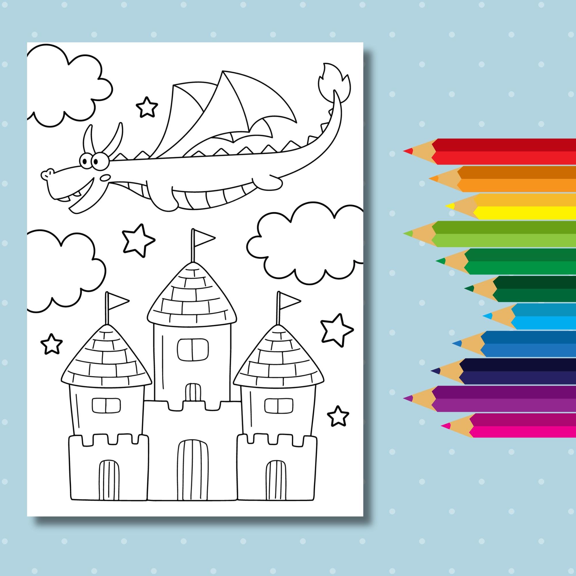 Cute Dragon Coloring Pages for Kids, Castle Coloring Pages, Dragon