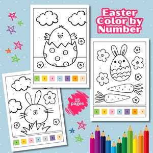 May include: Easter-themed coloring book with three pages featuring line drawings of a chick hatching from an egg, a bunny in an egg, and a bunny with grass. Each page has a color key. The text "Easter Color by Number" is visible.