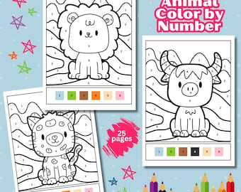 Cute Animal Color By Number Pages For Kids, Printable Color By Number Book, Animal Coloring By Numbers Set, Cute Animal Games