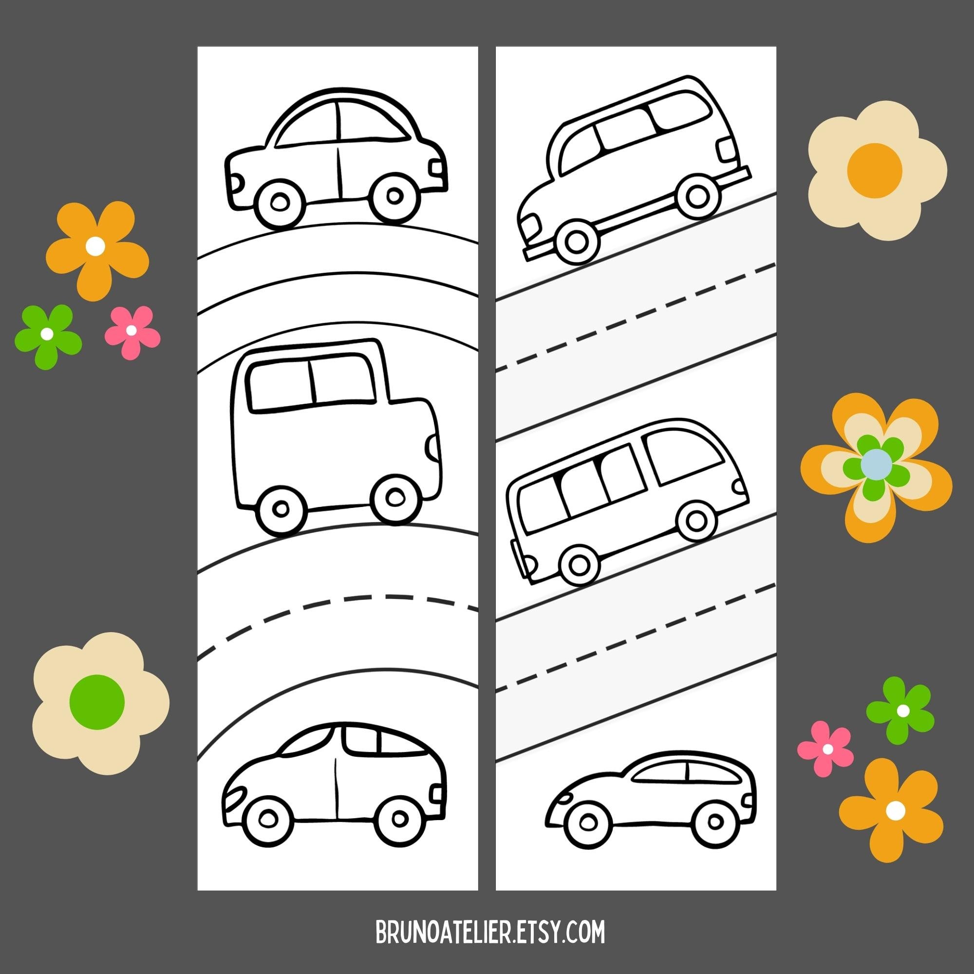 Cute Car Coloring Bookmarks for Kids, Vehicle Bookmarks, Printable ...