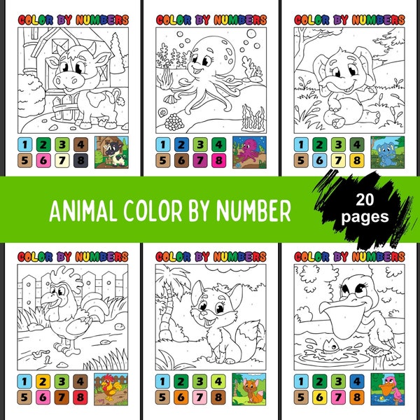 Animal Color By Number Pages For Kids, Color By Number Book, Printable Color By Number, Animal Coloring By Numbers Set, Cute Animal Games