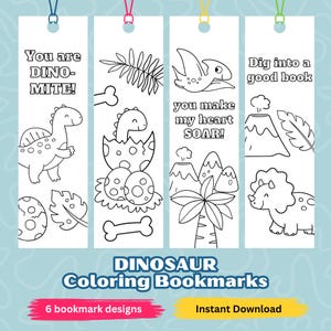 Dinosaur Coloring Bookmarks For Kids, Printable Bookmarks To Color, Dinosaur Bookmarks, Dinosaur Lover Gift, Color Your Own Bookmark