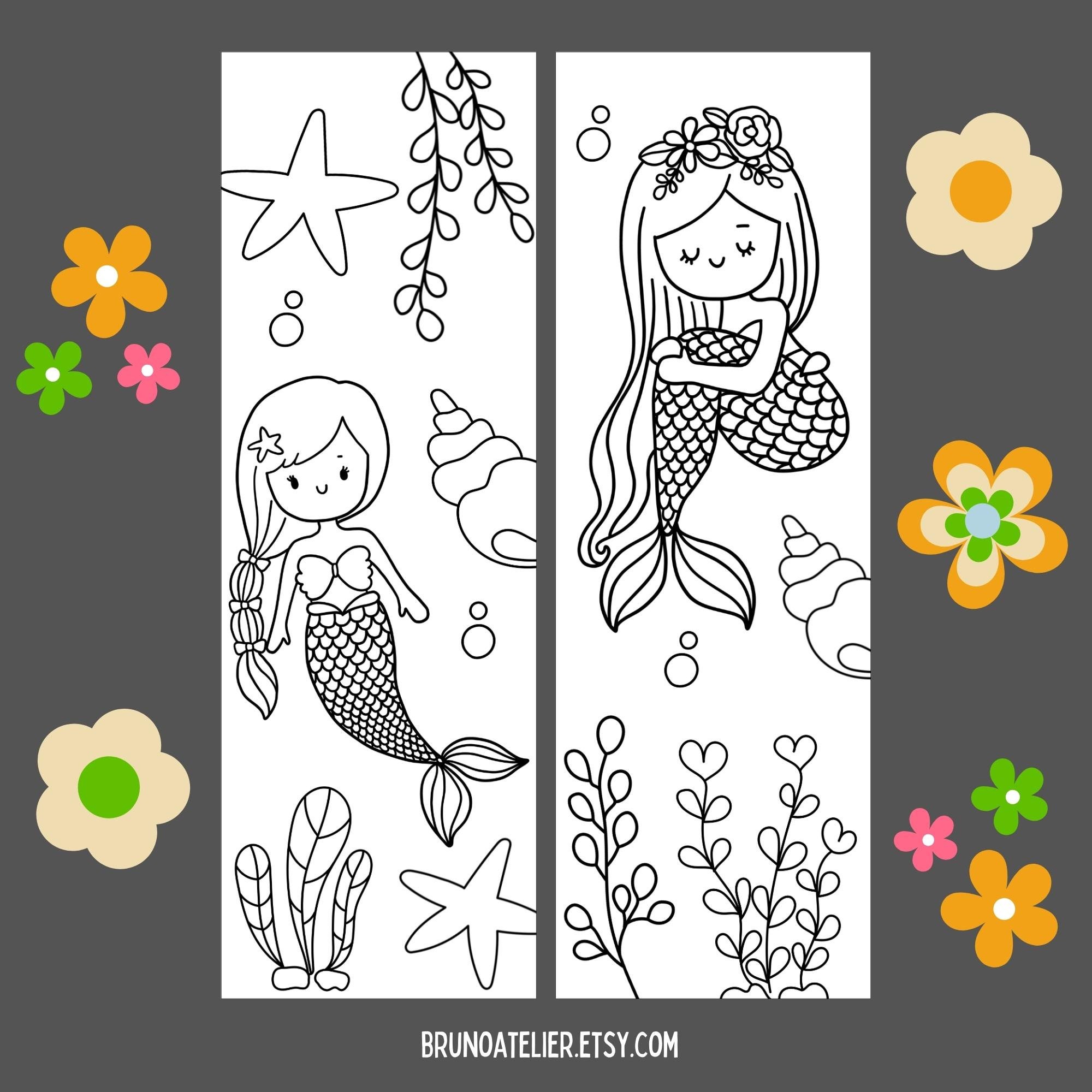 Mermaid Coloring Bookmarks for Kids, Sea Animal Coloring Bookmarks ...