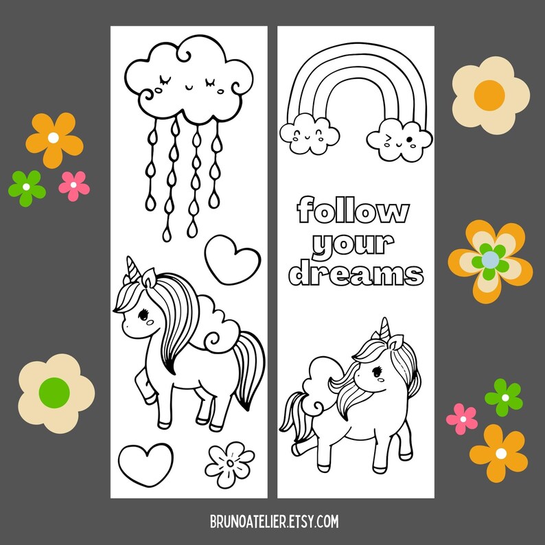 Unicorn Coloring Bookmarks for Kids, Animal Coloring Bookmarks, Unicorn