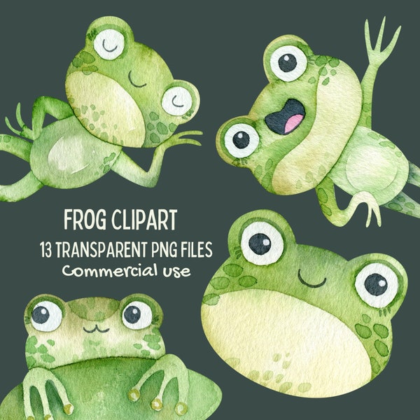 Watercolor Frog Clipart, Cute Frog Clipart, Funny Frog PNG, Cute Animal Clipart, Cute Frogs Graphics, Nursery Decor, Commercial Use