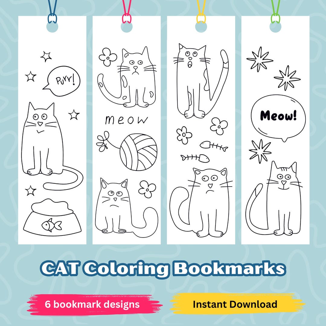 Printable Cat Coloring Bookmark Set for Kids: Color Your Own Bookmark ...