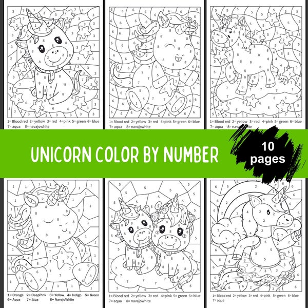 Unicorn Color By Number Pages For Kids, Color By Number Book, Printable Color By Number, Coloring By Numbers Set, Unicorn Activity Pages