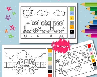 Libro para colorear de transporte: 10 páginas para colorear vehículos por números para niños (PDF)