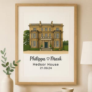 Custom Hand-Drawn Hedsor House Wedding Venue Illustration – Personalised Name & Date Digital Print | Unique Wedding Gift Anniversary Present