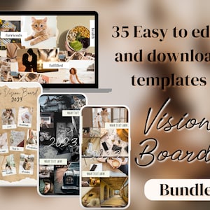 May include: A digital product bundle of 35 vision board templates for 2023. The templates are designed for mobile phones and feature a variety of images and text boxes. The text on the image reads "35 Easy to edit, and download templates Vision Boards Bundle".