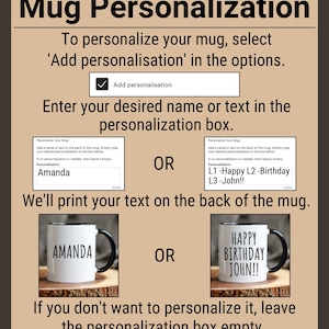 May include: A beige graphic with instructions for personalizing a mug. The text reads "Mug Personalization" and explains how to add personalization. Examples show mugs with "AMANDA" and "HAPPY BIRTHDAY JOHN!!" printed on them. The text also includes the phrase "Add personalisation".